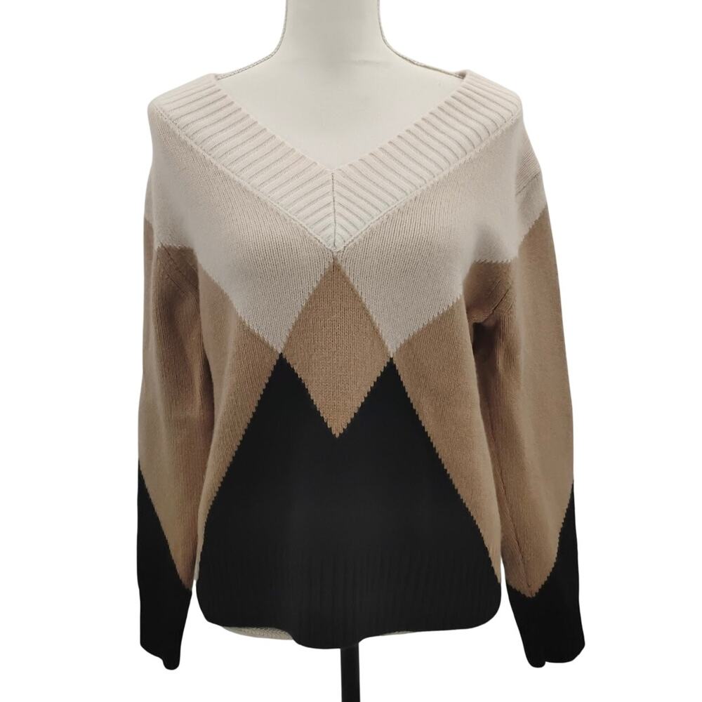 Burberry London Lilah Cashmere Argyle Check Sweater V Neck Off Shoulder Size XS